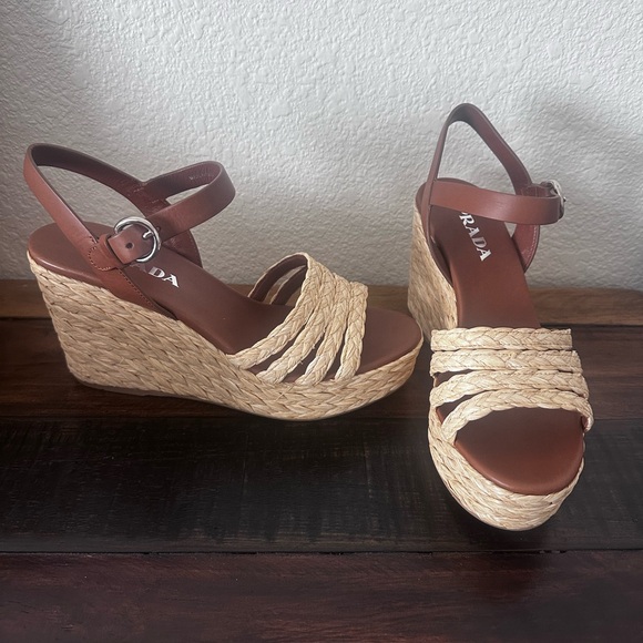 NIB Prada Brown Wedge Sandals - Picture 1 of 6